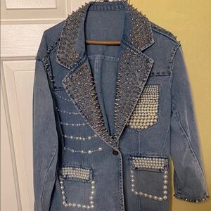 Studded Denim Jacket with Pearl Accents